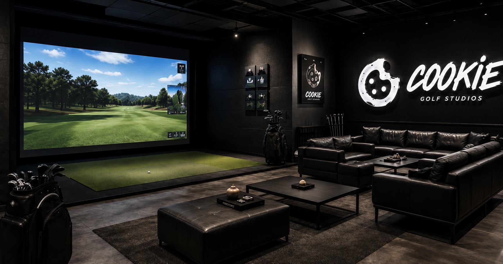 A bay at Cookie Golf Studios: the simulator screen lit, the hitting mat in front of it and clubs racked beside it